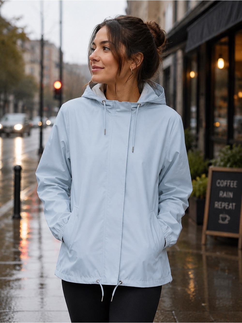 RAINS Light Blue Hooded Utility Jacket for Women
